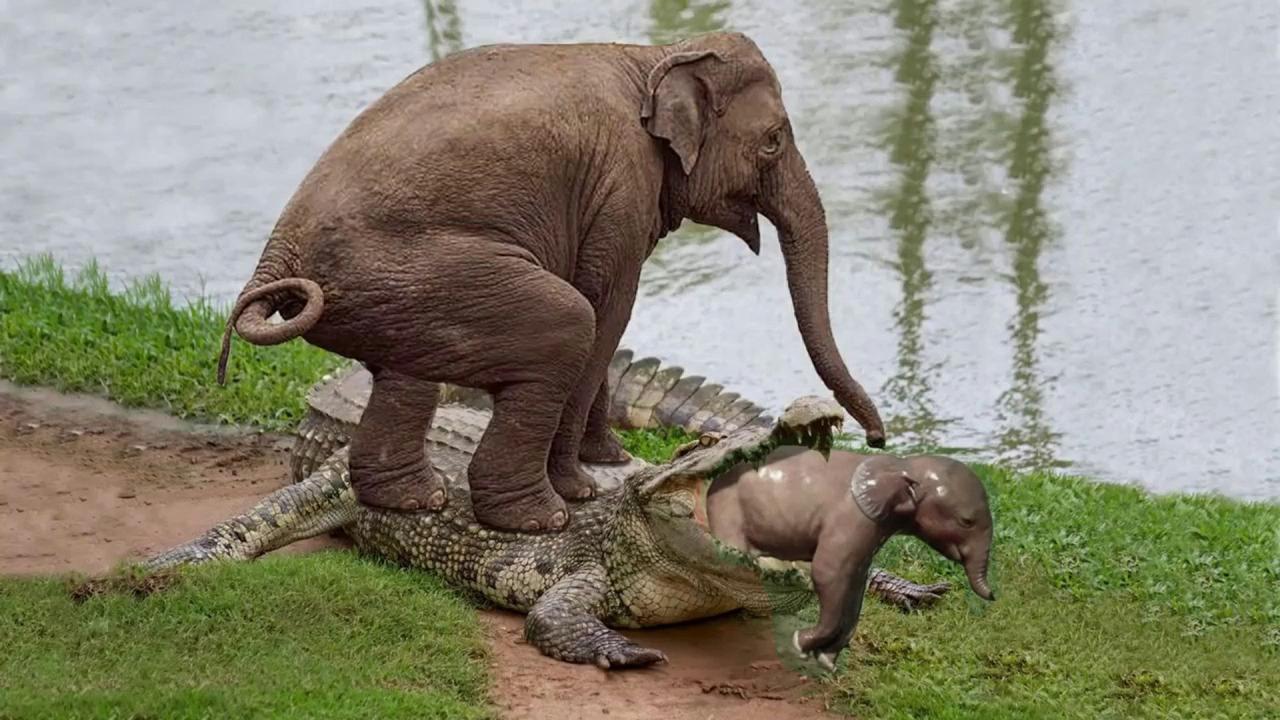 unstoppable maternal instinct mother elephant to protect her young from crocodile attack 5519 1